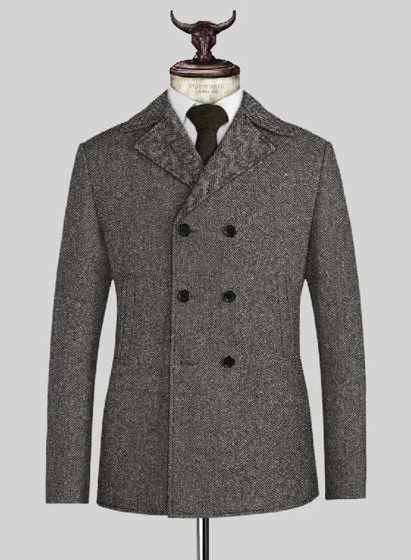 Graphic Tees Gray Herringbone Flecks Donegal Tweed Pea Coat