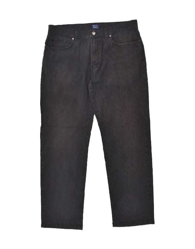 Work Clothes TRUSSARDI Mens Straight Casual Trousers W36 L30 Black Pinstripe Cotton