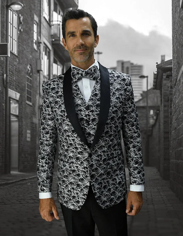 Mens Vested Floar Pattern Shawl Lapel Tuxedo in Black