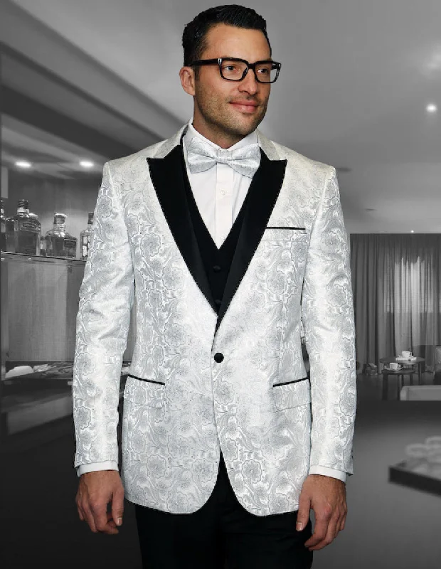 Mens Vested Paisley White Dinner Jacket Tuxedo with Black Peak Lapel