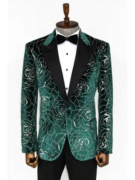 Wessi Mens Silver Rose Patterned Over Green Slim Fit Tuxedo Prom Jacket Blazer With Peak Lapels