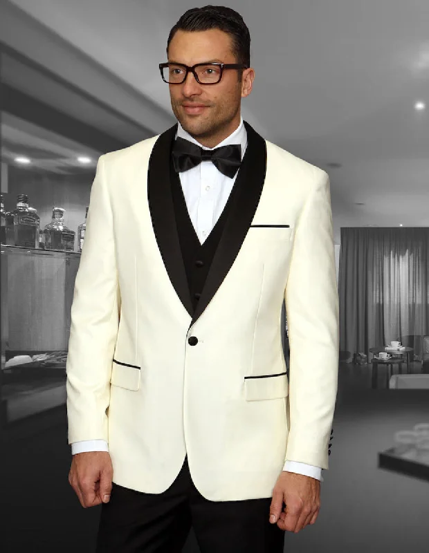 Mens Wool Ivory Dinner Jacket Tuxedo with Black Pants & Vest