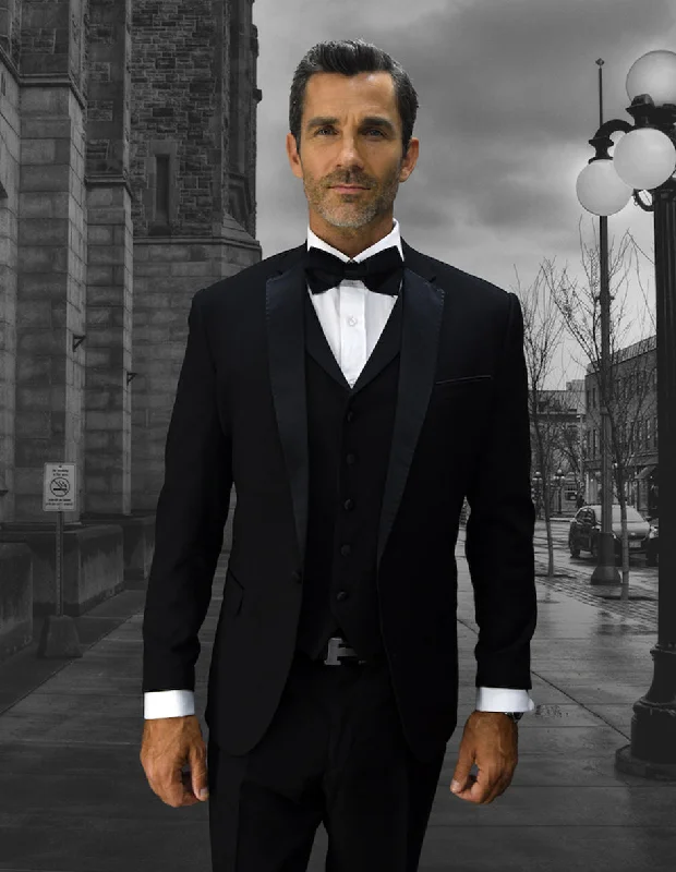 Mens Vested One Button Notch Lapel Wool Tuxedo in Black