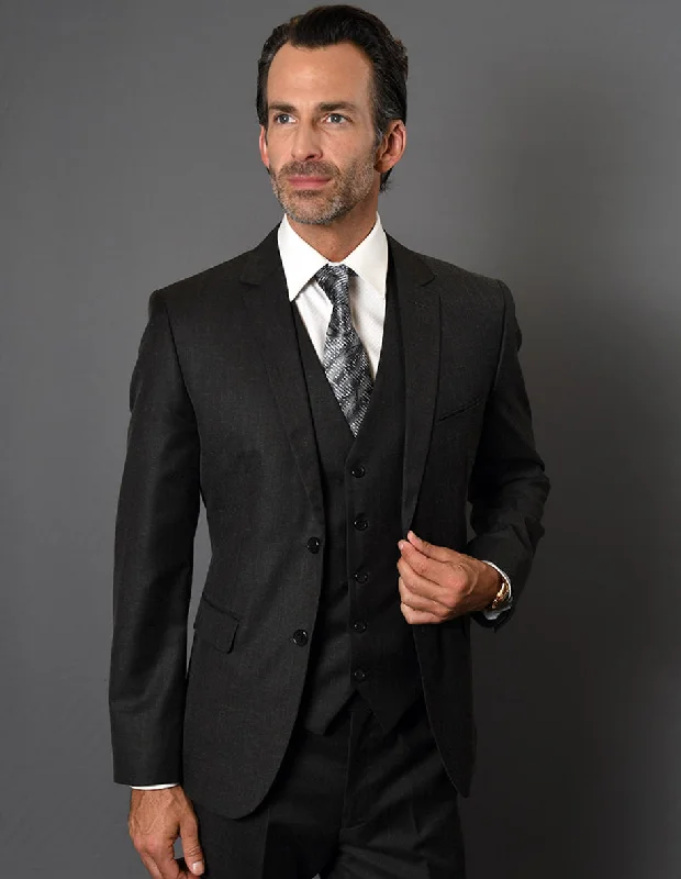 Mens 2 Button Slim Fit Vested Suit in Black Textured Fabric