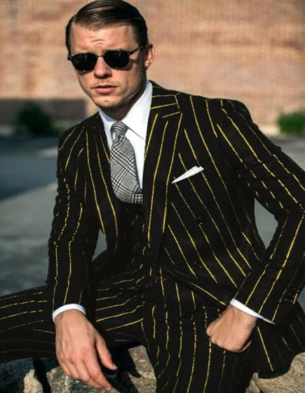 Mens 2 button Gangster Pinstripe Suit in Black & Red