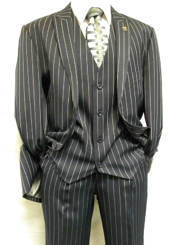 Mens Gangster Pinstripe 2 Button Double Breasted Vest Suit in Black Or Charcoal Grey