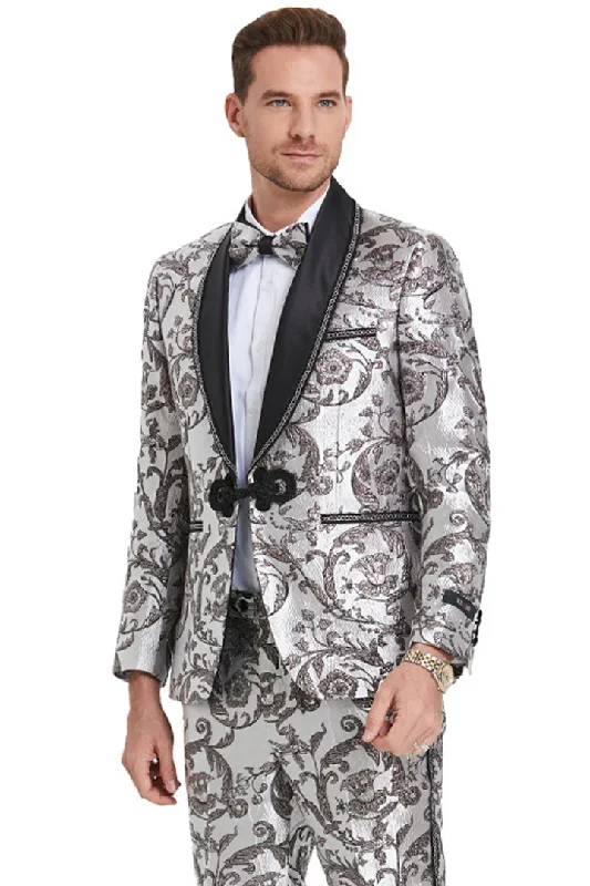 Mens Gray Tuxedo - Grey Wedding Suit-Mens Silver & Black Wedding & Prom  Smoking Jacket Tuxedo