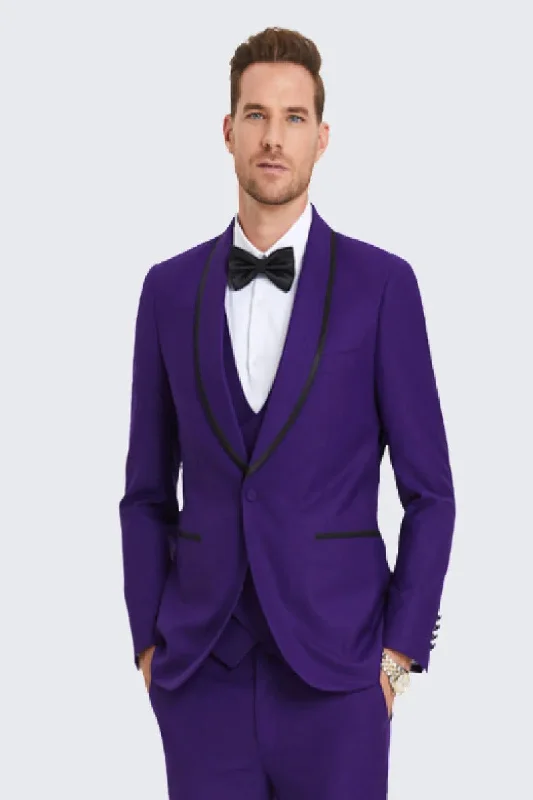 Men's One Button Vested Shawl Tuxedo in Purple Birdseye with Black Satin Trim