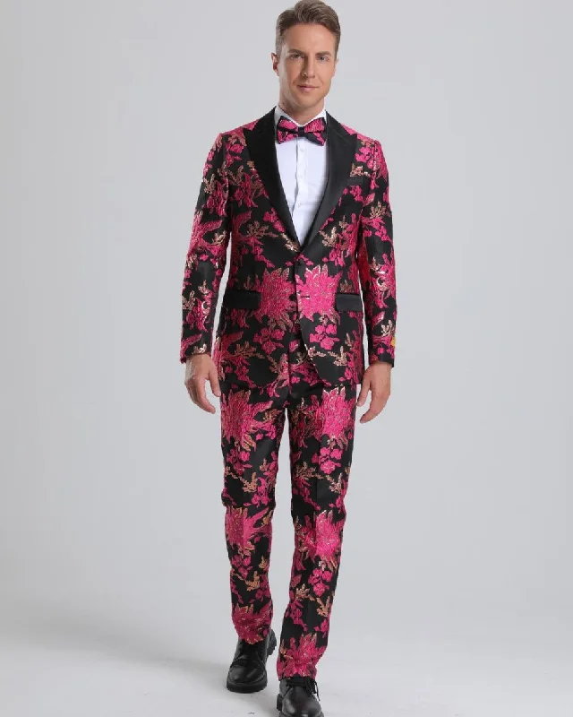 Men's Fuchsia Pink & Black Floral Paisley Prom Tuxedo