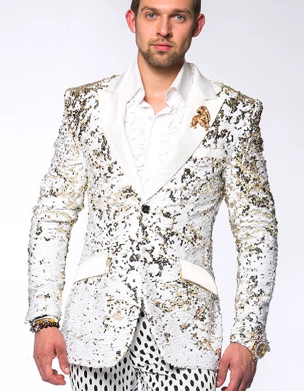 Mens White and Gold Reversible Sequin Prom and Wedding Blazer