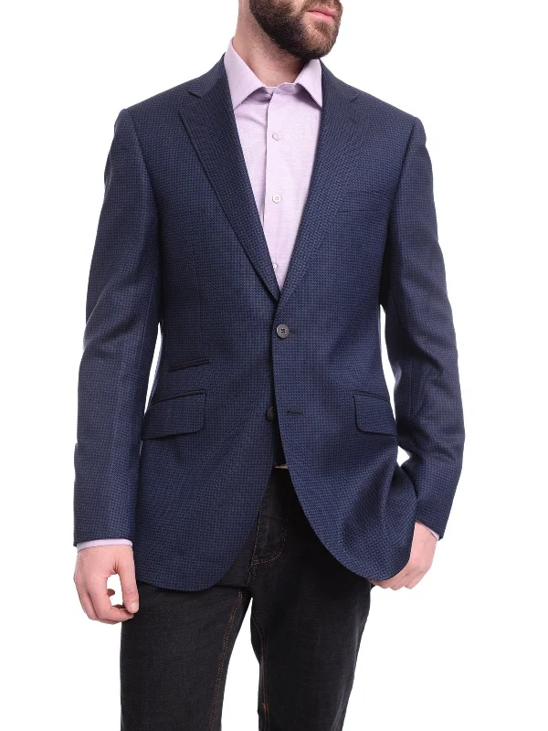 Napoli Slim Fit Blue Houndstooth Half Canvassed Vbc Wool Silk Blazer Sportcoat