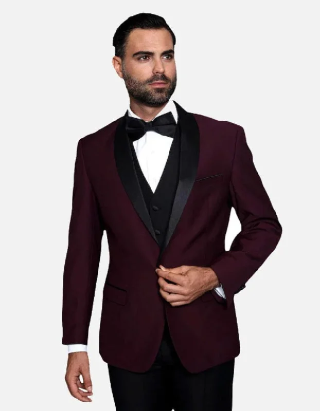 Statement Men's Burgundy with Black Lapel Vest 100% Wool Tuxedo