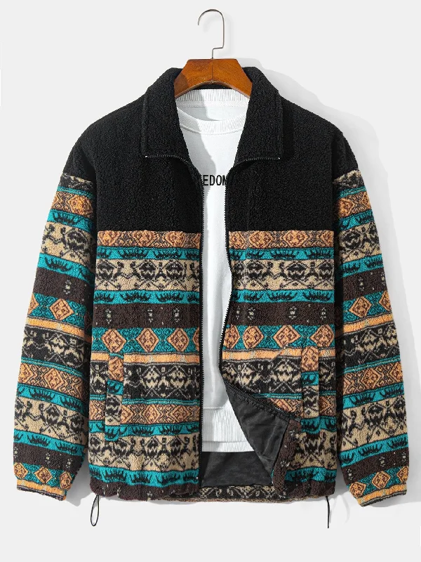 Teddy Fleece Ethnic Print Coat