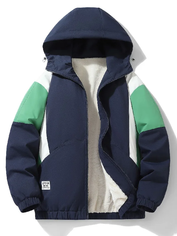 Teddy Fleece Lined Color Block Hooded Windbreaker