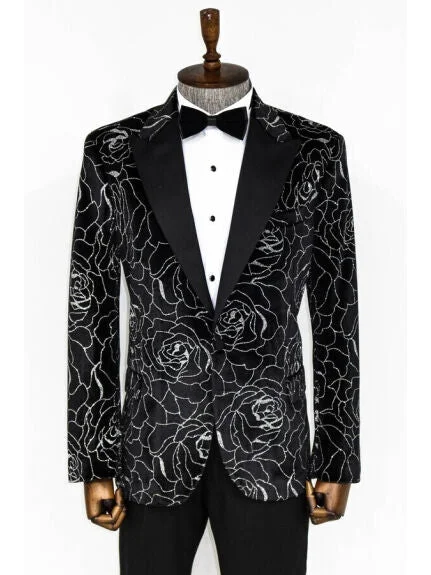 Wessi Silver Rose Patterned Over Black Slim Fit Tuxedo Prom Jacket Blazer With Peak Lapels