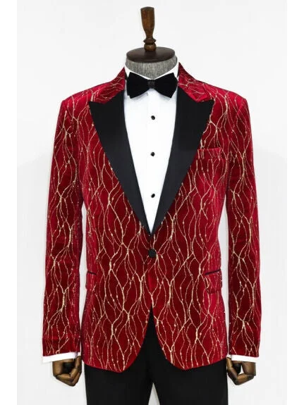 Wessi Mens Red & Gold Classic Fit Tuxedo Prom Jacket With Black Peak Lapels