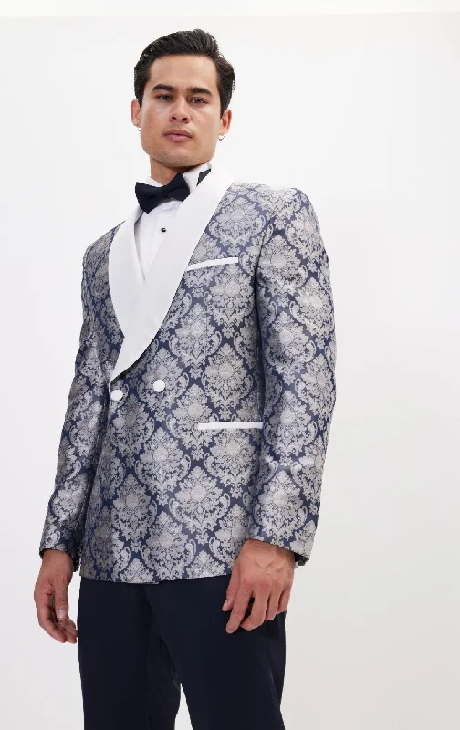 Royal Textured Double Breasted Tuxedo Jacket - Navy White