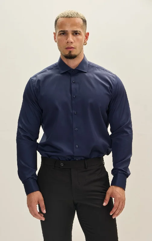 Non-Iron Pure Cotton Spread Collar Dress Shirt - Dark Navy