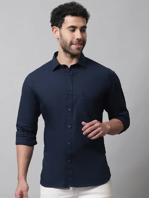 Men's Navy Blue Casual Plain Stretch Full Sleeve Shirt