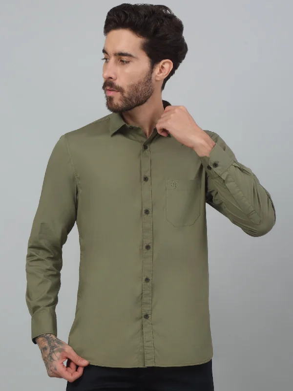 Men's Olive Green Casual Plain Stretch Full Sleeve Shirt