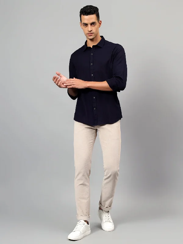 Men's Navy Blue Self Design Casual Full Sleeves Shirt