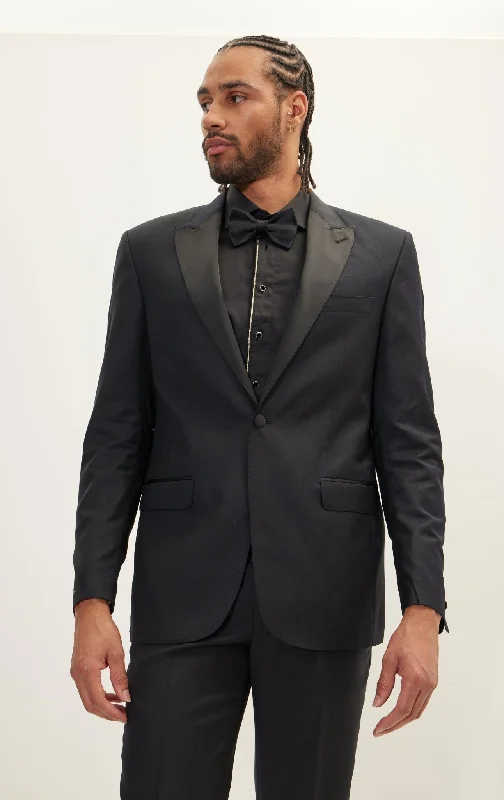 SUPER 180S WOOL & SILK SINGLE BREASTED TUXEDO SUIT -  JET BLACK