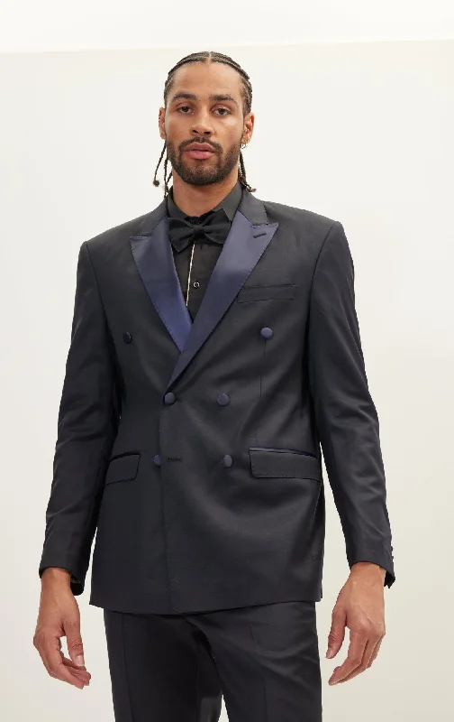 Super 180S Wool and Silk Double Breasted Tuxedo Suit - Navy