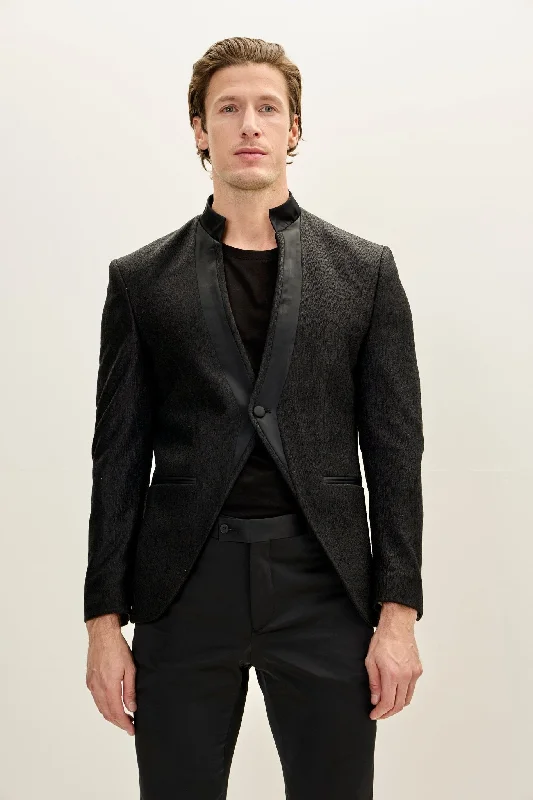 Men's Streaked Satin Mandarin Collar Tuxedo Jacket -  Black