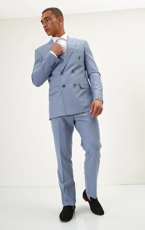 Super 120S Merino Wool Double Breasted Suit - Monument Grey Ish Blue