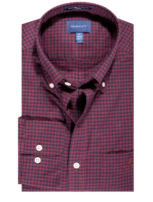 Regular Fit Blue 2-Color Gingham Broadcloth Shirt Port Red