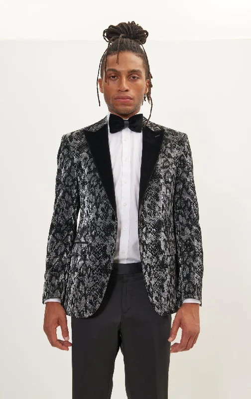 Metallic Velvet Flocking Tuxedo Jacket-  Silver