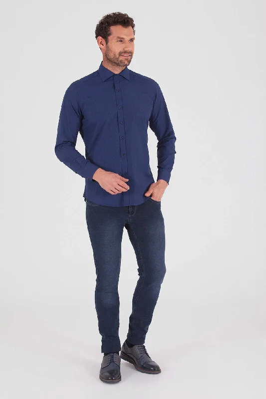 Slim Fit Long Sleeve Printed Cotton Blend Casual Shirt, Navy B.