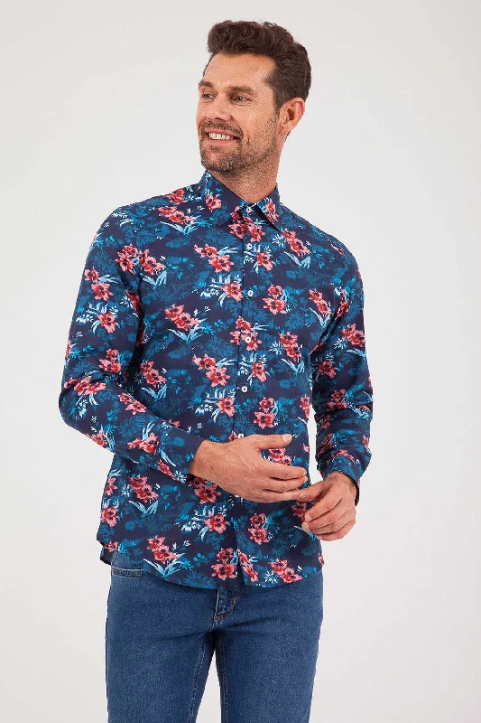 Slim Fit Long Sleeve Printed Cotton Floral Navy Casual Shirt