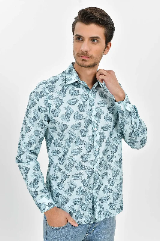 Slim Fit Long Sleeve Printed Cotton Mint Casual Shirt