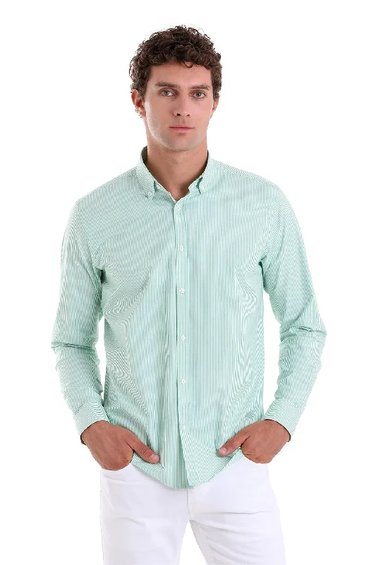 Slim Fit Long Sleeve Striped Cotton Blend Green Casual Shirt