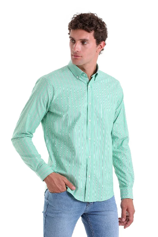 Slim Fit Pin Stripe Cotton Blend Green Casual Shirt