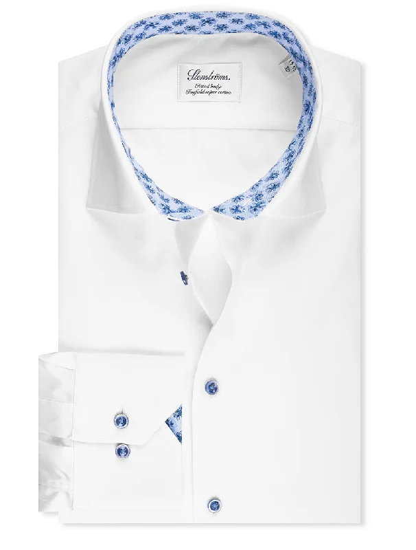 Plain Contrast Button With Flower Inlay Shirt White