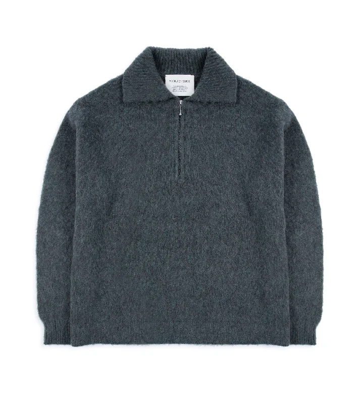 A Kind of Guise Sechura Wool Zip Polo: Green Shadow Melange