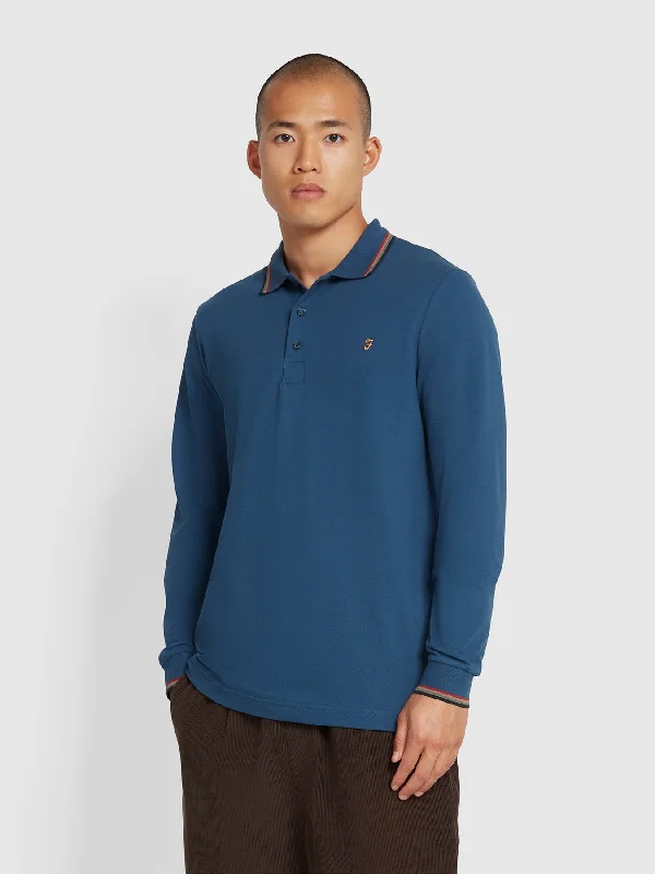 Alvin Tipped Collar Long Sleeve Polo Shirt In Deep Blue