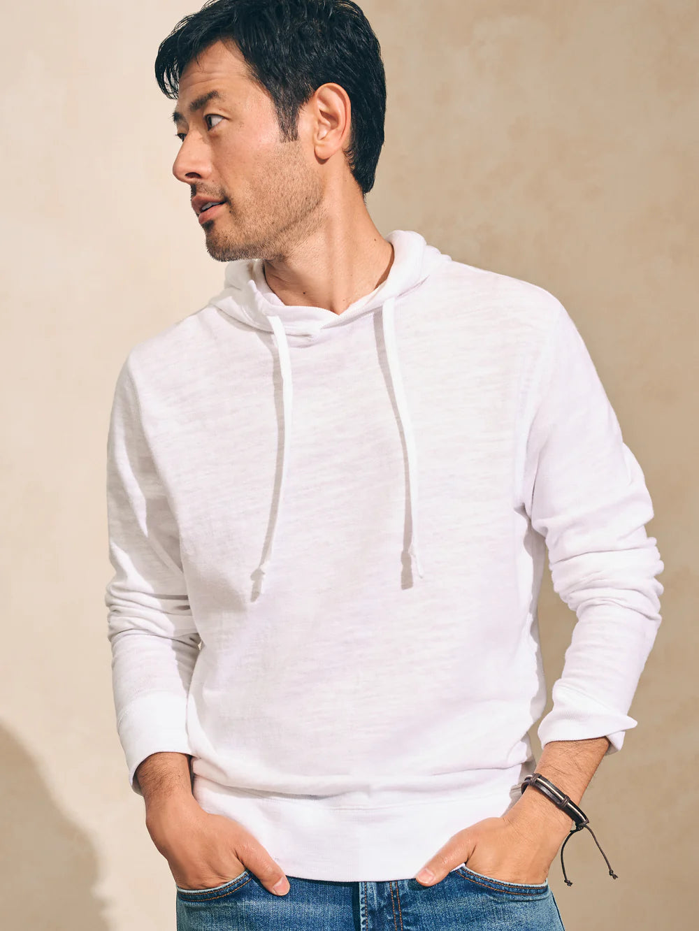 Faherty Sunwashed Slub Hoodie Pullover Sweater - White