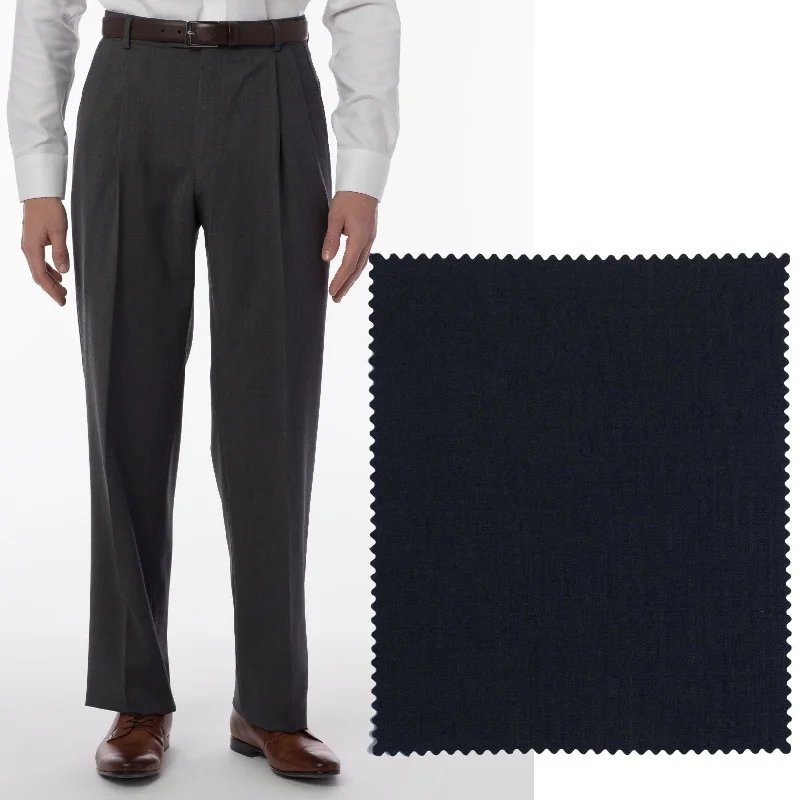 LONG FIT Super 120s Wool Gabardine Comfort-EZE Trouser in Navy (Manchester Pleated Model) by Ballin