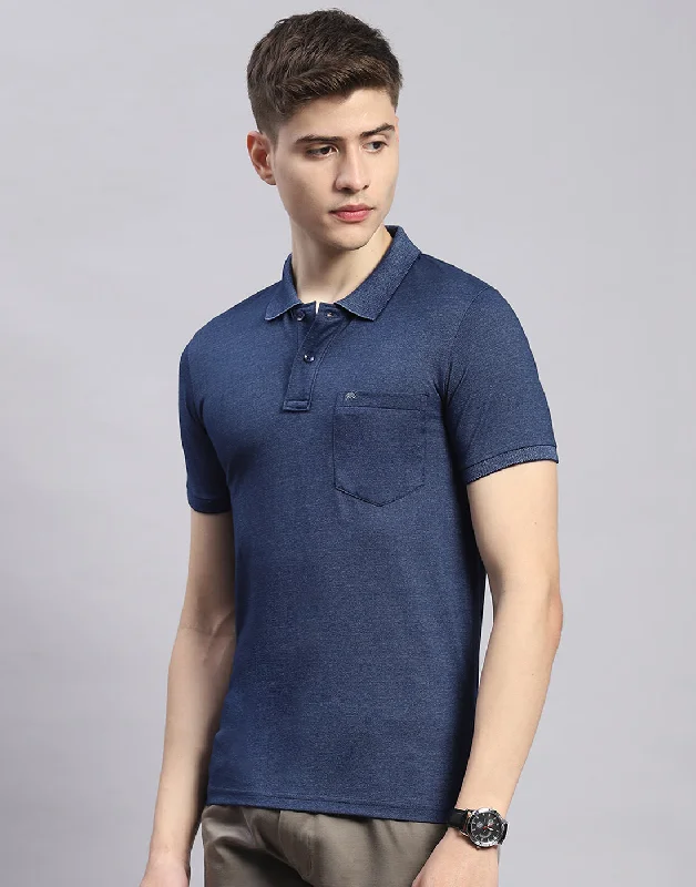 Men Blue Solid Polo Collar Half Sleeve T-Shirt