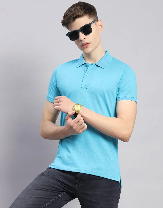 Men Blue Solid Polo Collar Half Sleeve T-Shirt