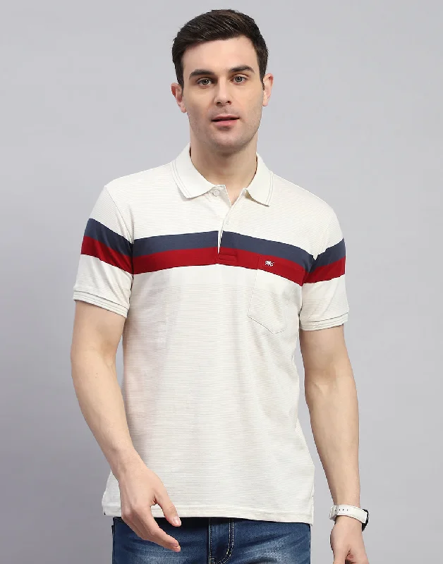 Men Cream Stripe Polo Collar Half Sleeve T-Shirt