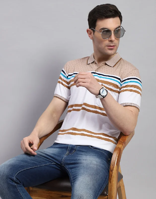 Men Peach Stripe Polo Collar Half Sleeve T-Shirt