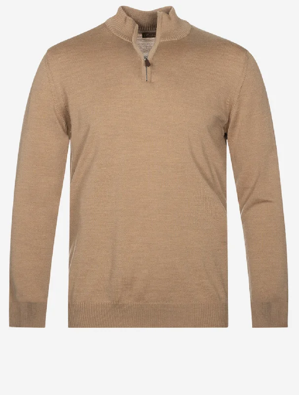 Tan Half Zip Merino Wool Jumper