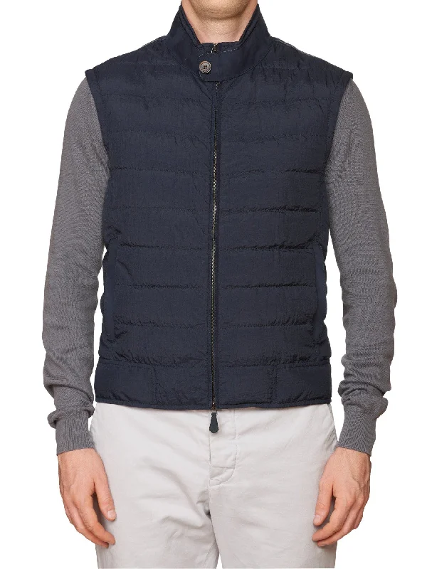 BERLUTI Paris Dark Blue Polyamide Puffer Vest with Calfskin Leather Trim R50 NEW M