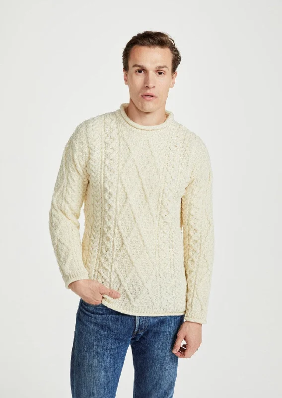 Roll Neck Aran Crew Sweater | Natural